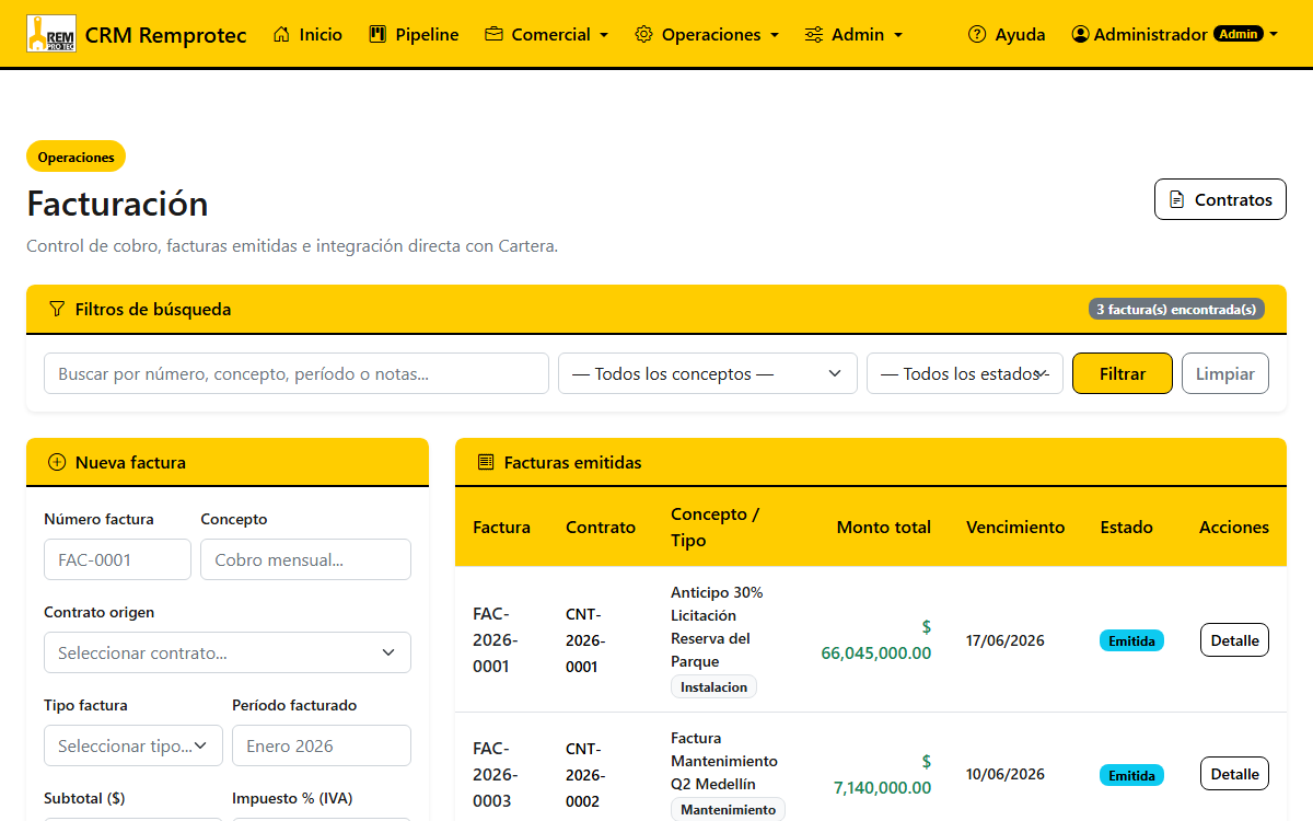 Listado de facturas registradas en el sistema