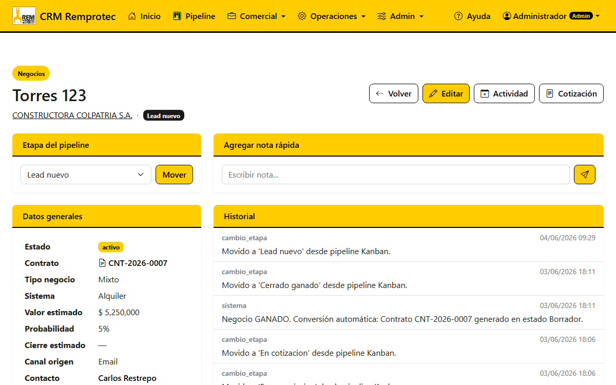 Detalle del negocio con historial y productos