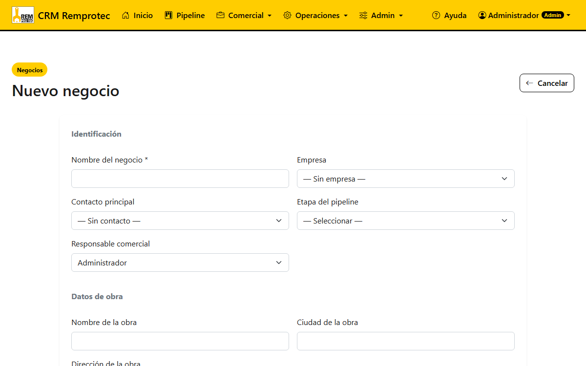 Formulario de creación de negocio