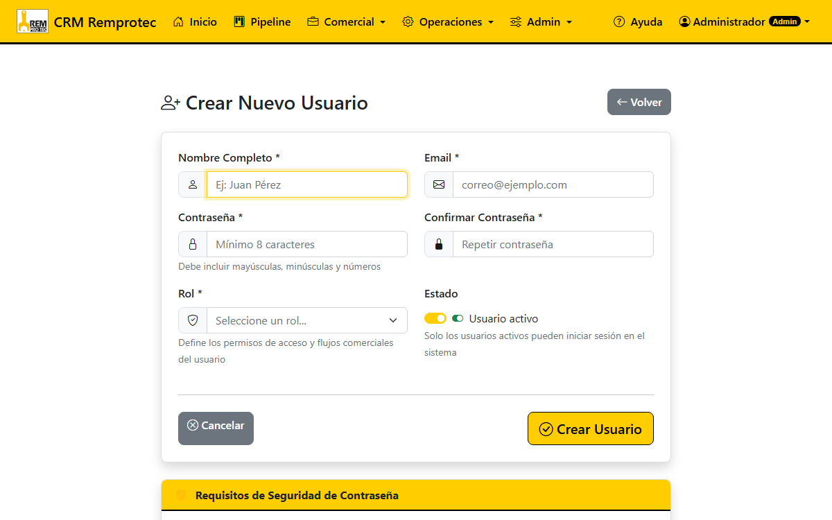 Formulario de creación de usuario y asignación de rol